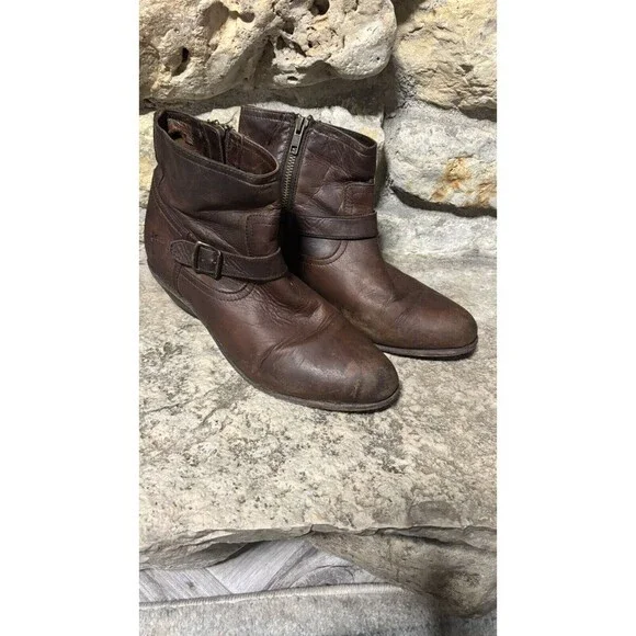 FRYE Brown Distressed Leather Almond Toe Cone Heel Zipper Buckle Ankle Boots 9 - Picture 3 of 7